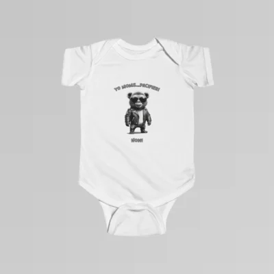 Baby white colored onesie with the words "Yo Moms...Pacifier! Now!" top and bottom of an image of a toddler gorilla/grizzly bear hybrid creature, wearing a leather jacket, and cool shades, with a white t-shirt underneath.