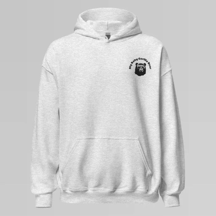 An ash colored hoodie with with the Big Baby Gorilla Bear mascot's face and the Big Baby Gorilla Bear name Embroidered in black and white on the front left breast of the sweater.