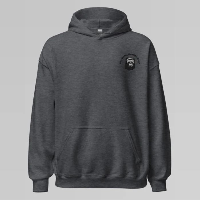 A dark heather colored hoodie with with the Big Baby Gorilla Bear mascot's face and the Big Baby Gorilla Bear name Embroidered in black and white on the front left breast of the sweater.