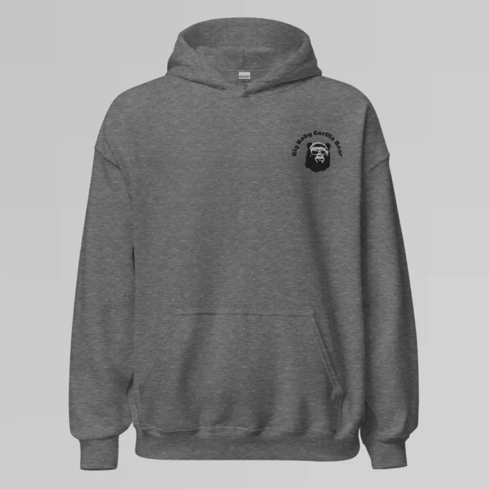 A graphite heather colored hoodie with with the Big Baby Gorilla Bear mascot's face and the Big Baby Gorilla Bear name Embroidered in black and white on the front left breast of the sweater.