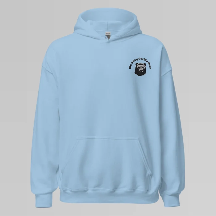 An light blue colored hoodie with with the Big Baby Gorilla Bear mascot's face and the Big Baby Gorilla Bear name Embroidered in black and white on the front left breast of the sweater.