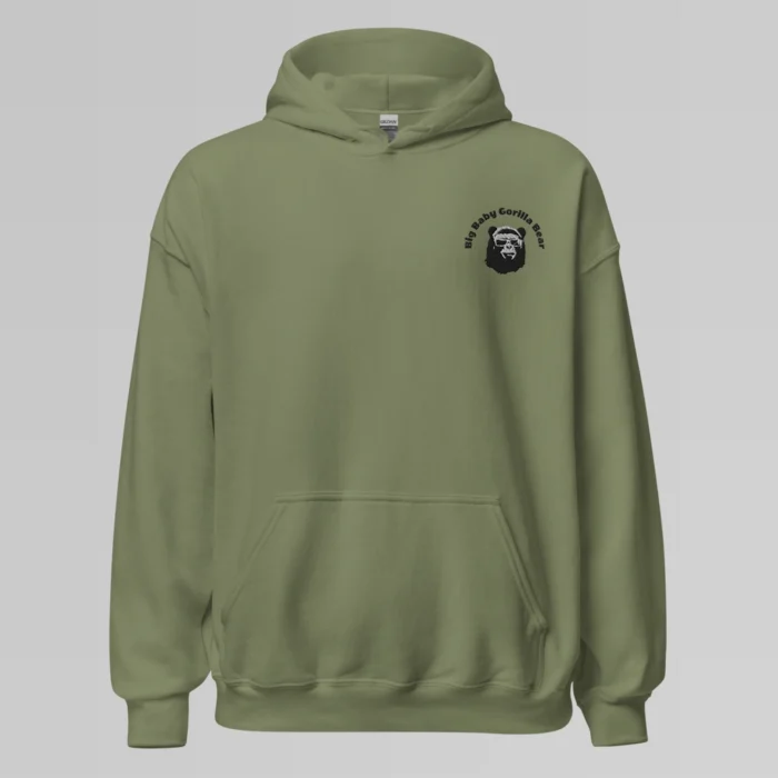 A military green colored hoodie with with the Big Baby Gorilla Bear mascot's face and the Big Baby Gorilla Bear name Embroidered in black and white on the front left breast of the sweater.