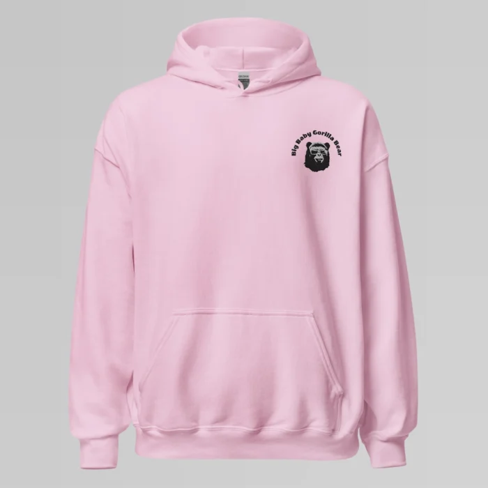 A pink colored hoodie with with the Big Baby Gorilla Bear mascot's face and the Big Baby Gorilla Bear name Embroidered in black and white on the front left breast of the sweater.