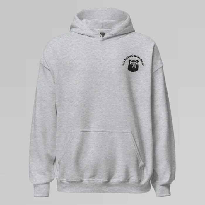 A sport grey colored hoodie with with the Big Baby Gorilla Bear mascot's face and the Big Baby Gorilla Bear name Embroidered in black and white on the front left breast of the sweater.