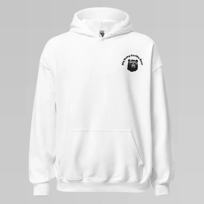 A white colored hoodie with with the Big Baby Gorilla Bear mascot's face and the Big Baby Gorilla Bear name Embroidered in black and white on the front left breast of the sweater.