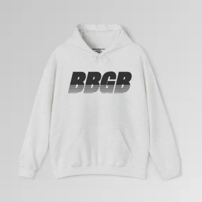 Ash colored hooded sweatshirt, with hand pockets, and the letters "BBGB" in black font centered across the chest of the hoodie, with 7 transparent lines going through the bottom half of the letters.