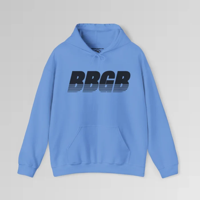 Carolina Blue colored hooded sweatshirt, with hand pockets, and the letters "BBGB" in black font centered across the chest of the hoodie, with 7 transparent lines going through the bottom half of the letters.