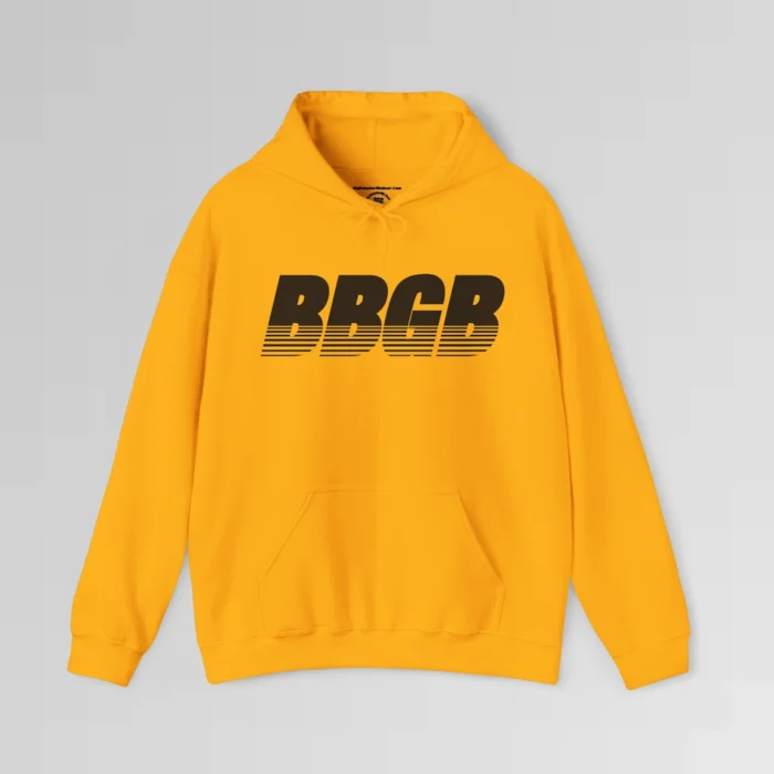 Gold colored hooded sweatshirt, with hand pockets, and the letters "BBGB" in black font centered across the chest of the hoodie, with 7 transparent lines going through the bottom half of the letters.