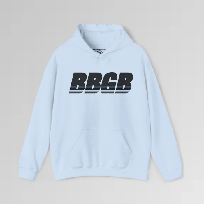 Light Blue colored hooded sweatshirt, with hand pockets, and the letters "BBGB" in black font centered across the chest of the hoodie, with 7 transparent lines going through the bottom half of the letters.