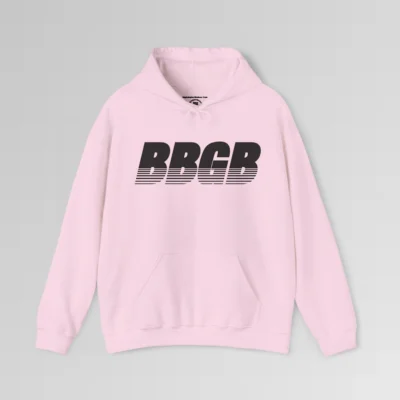 Pink colored hooded sweatshirt, with hand pockets, and the letters "BBGB" in black font centered across the chest of the hoodie, with 7 transparent lines going through the bottom half of the letters.