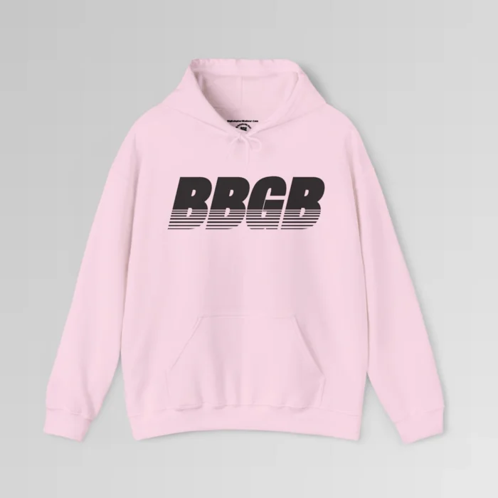 Pink colored hooded sweatshirt, with hand pockets, and the letters "BBGB" in black font centered across the chest of the hoodie, with 7 transparent lines going through the bottom half of the letters.