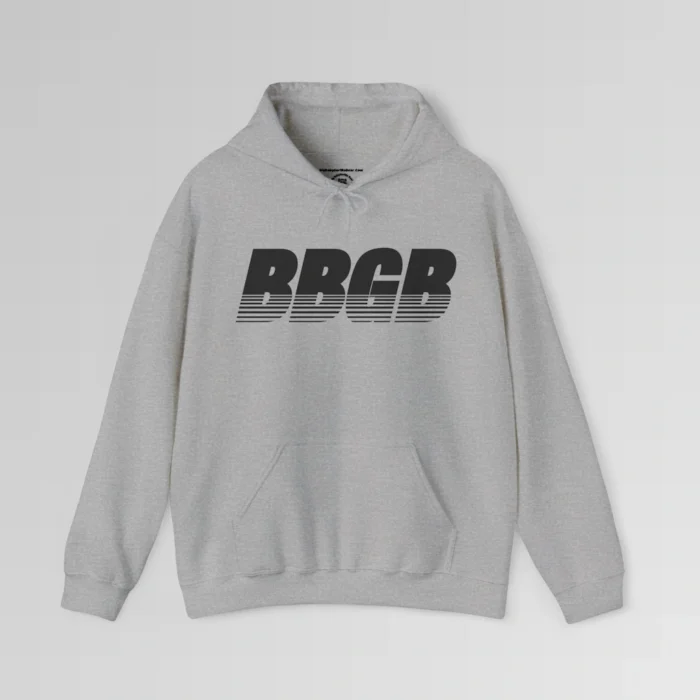 Sport Grey colored hooded sweatshirt, with hand pockets, and the letters "BBGB" in black font centered across the chest of the hoodie, with 7 transparent lines going through the bottom half of the letters.