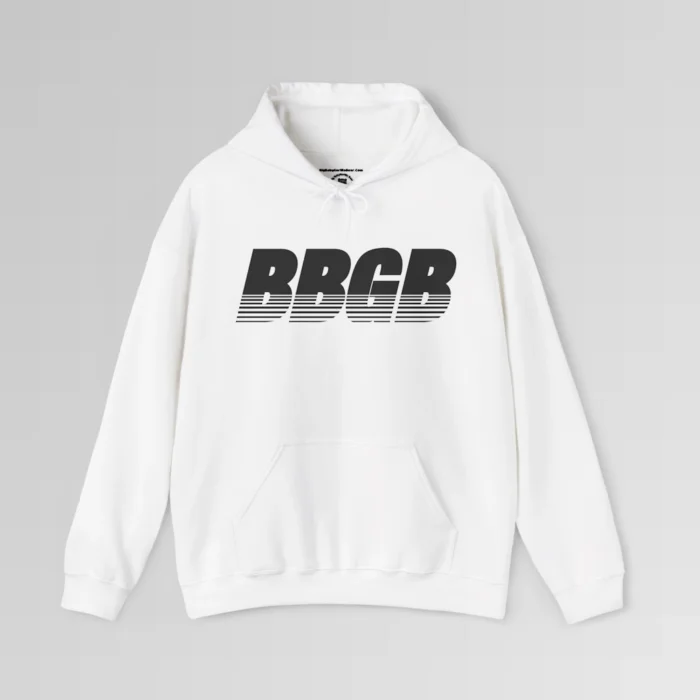 White colored hooded sweatshirt, with hand pockets, and the letters "BBGB" in black font centered across the chest of the hoodie, with 7 transparent lines going through the bottom half of the letters.