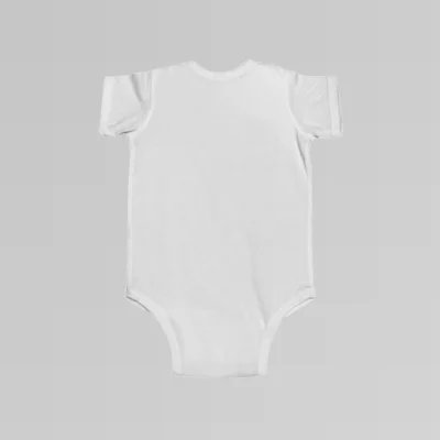 Backside of a white baby onesie.