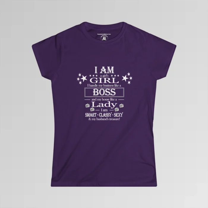 Purple tee, with stars and roses, that says "I am a girl's girl, I handle my business like a boss, and my house like a lady, I am smart, classy, sexy, and my husband's treasure!"
