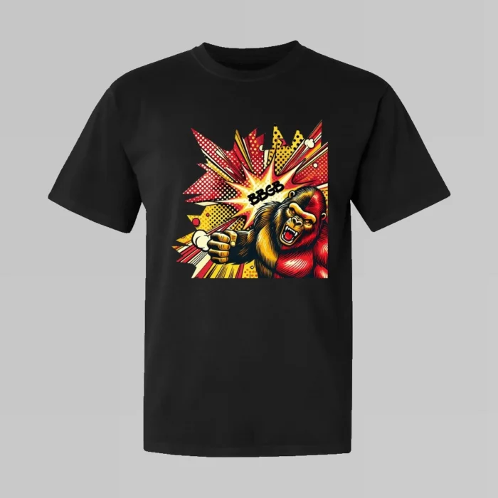 The front of a streetwear tee with a red and yellow and brown gorilla-bear hybrid creature, looking angry, throwing a punch, with a red and yellow comic strip type background, and the letters "BBGB". Black Shirt - Front side.