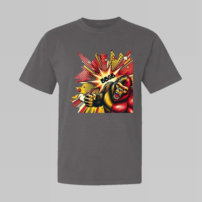 The front of a streetwear tee with a red and yellow and brown gorilla-bear hybrid creature, looking angry, throwing a punch, with a red and yellow comic strip type background, and the letters "BBGB". Dark Grey Shirt - Front side.