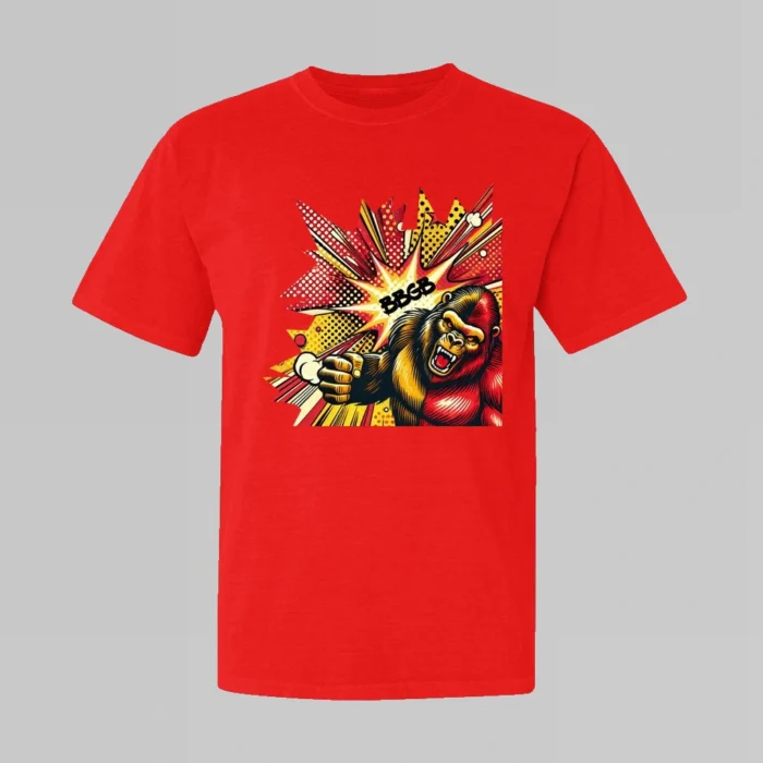 The front of a streetwear tee with a red and yellow and brown gorilla-bear hybrid creature, looking angry, throwing a punch, with a red and yellow comic strip type background, and the letters "BBGB". Red Shirt - Front side.