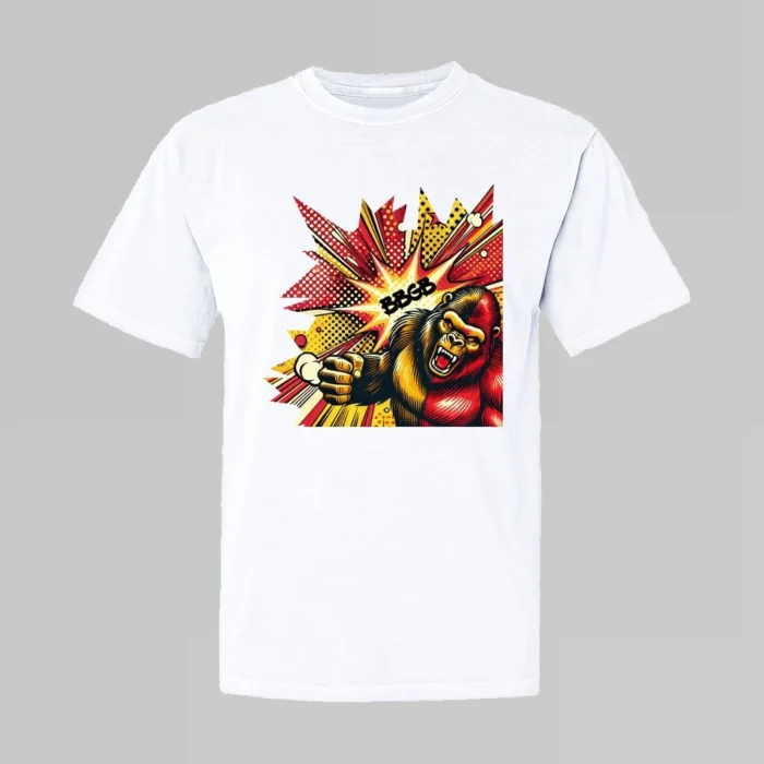 The front of a streetwear tee with a red and yellow and brown gorilla-bear hybrid creature, looking angry, throwing a punch, with a red and yellow comic strip type background, and the letters "BBGB". White Shirt - Front side.