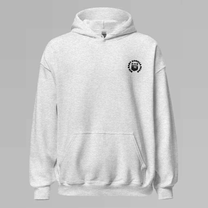 An ash colored hoodie with with the Big Baby Gorilla Bear mascot's face and the Big Baby Gorilla Bear name Embroidered in black and white in a circular pattern on the front left breast of the hoodie.