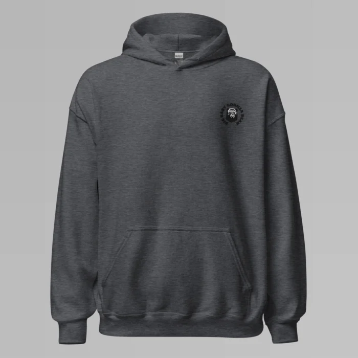 A dark heather colored hoodie with with the Big Baby Gorilla Bear mascot's face and the Big Baby Gorilla Bear name Embroidered in black and white in a circular pattern on the front left breast of the hoodie.