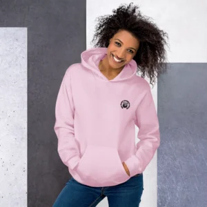 A female model showcasing the pink BBGB Circle Embroidered Unisex Hoodie.