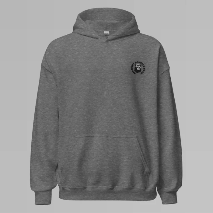 A graphite heather colored hoodie with with the Big Baby Gorilla Bear mascot's face and the Big Baby Gorilla Bear name Embroidered in black and white in a circular pattern on the front left breast of the hoodie.