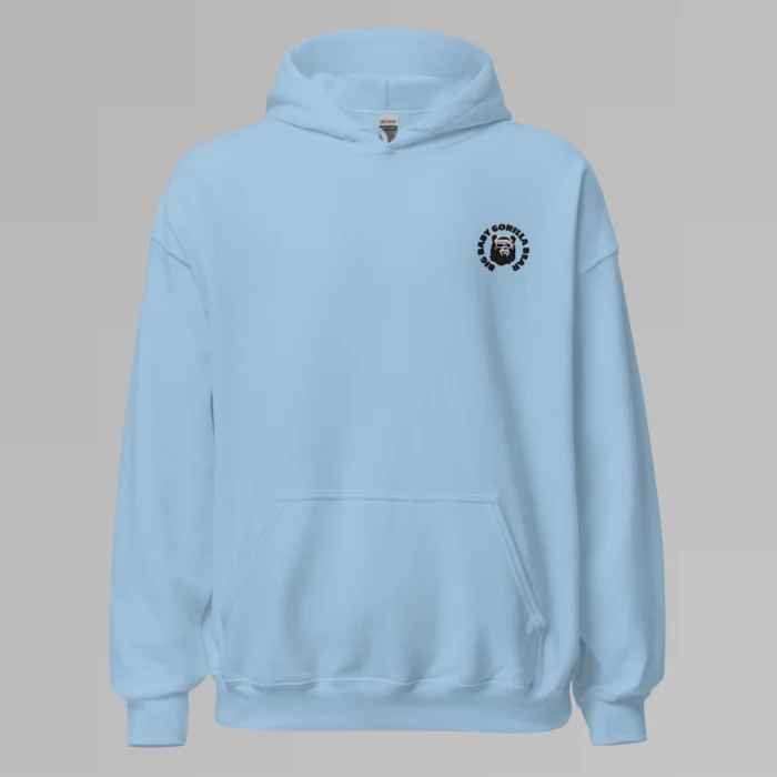 A light blue heather colored hoodie with with the Big Baby Gorilla Bear mascot's face and the Big Baby Gorilla Bear name Embroidered in black and white in a circular pattern on the front left breast of the hoodie.