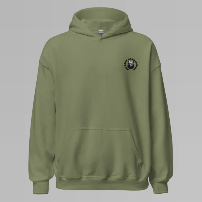 A military green colored hoodie with with the Big Baby Gorilla Bear mascot's face and the Big Baby Gorilla Bear name Embroidered in black and white in a circular pattern on the front left breast of the hoodie.