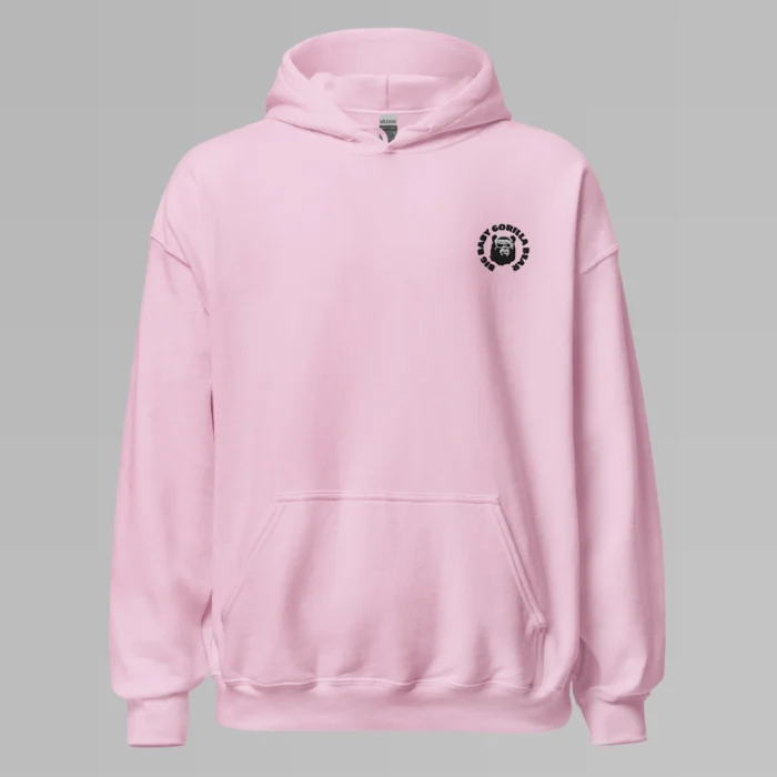 A pink colored hoodie with with the Big Baby Gorilla Bear mascot's face and the Big Baby Gorilla Bear name Embroidered in black and white in a circular pattern on the front left breast of the hoodie.