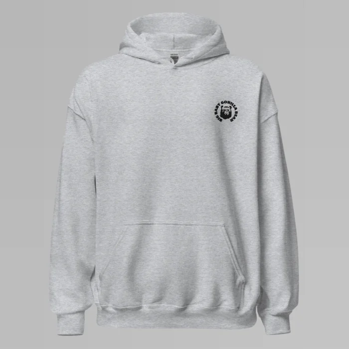 A sport grey colored hoodie with with the Big Baby Gorilla Bear mascot's face and the Big Baby Gorilla Bear name Embroidered in black and white in a circular pattern on the front left breast of the hoodie.