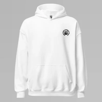 A white colored hoodie with with the Big Baby Gorilla Bear mascot's face and the Big Baby Gorilla Bear name Embroidered in black and white in a circular pattern on the front left breast of the hoodie.
