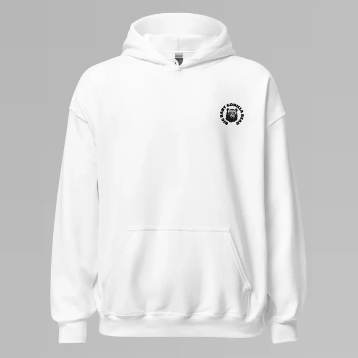 A white colored hoodie with with the Big Baby Gorilla Bear mascot's face and the Big Baby Gorilla Bear name Embroidered in black and white in a circular pattern on the front left breast of the hoodie.