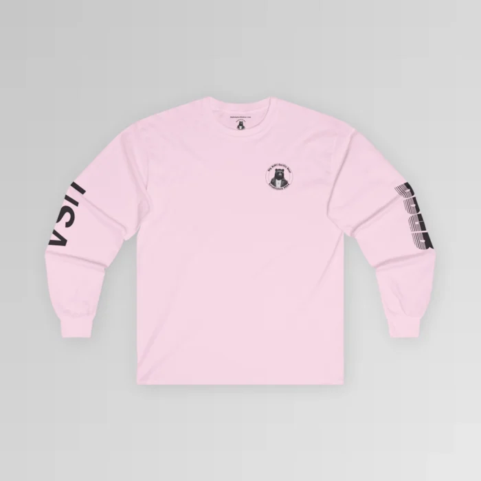 The frontside of the pink BBGB Classic Full Stack Long Sleeve Tee, with the Big Baby Gorilla Bear Logo on the front, and the letters "USA" and "BBGB" opposite sleeves. The "BBGB" letters has lines going through each letter, adding a trendy blind appearance to the bottom half of the lettering.