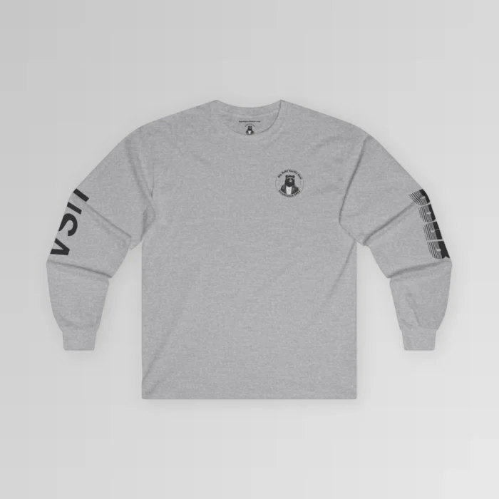 The frontside of the sport grey BBGB Classic Full Stack Long Sleeve Tee, with the Big Baby Gorilla Bear Logo on the front, and the letters "USA" and "BBGB" opposite sleeves. The "BBGB" letters has lines going through each letter, adding a trendy blind appearance to the bottom half of the lettering.