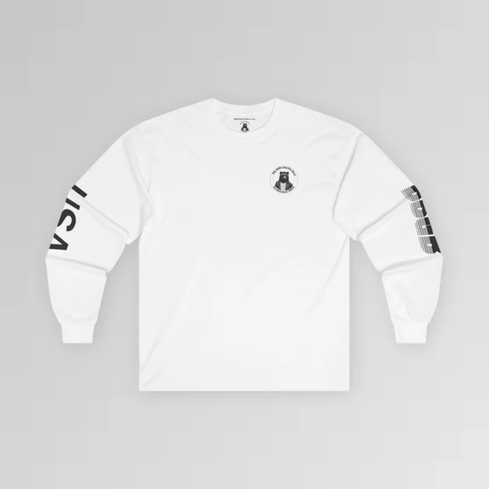 The frontside of the white BBGB Classic Full Stack Long Sleeve Tee, with the Big Baby Gorilla Bear Logo on the front, and the letters "USA" and "BBGB" opposite sleeves. The "BBGB" letters has lines going through each letter, adding a trendy blind appearance to the bottom half of the lettering.