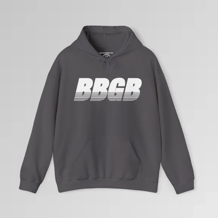 Charcoal colored hooded sweatshirt, with hand pockets, and the letters "BBGB" in white font centered across the chest of the hoodie, with 7 transparent lines going through the bottom half of the letters.