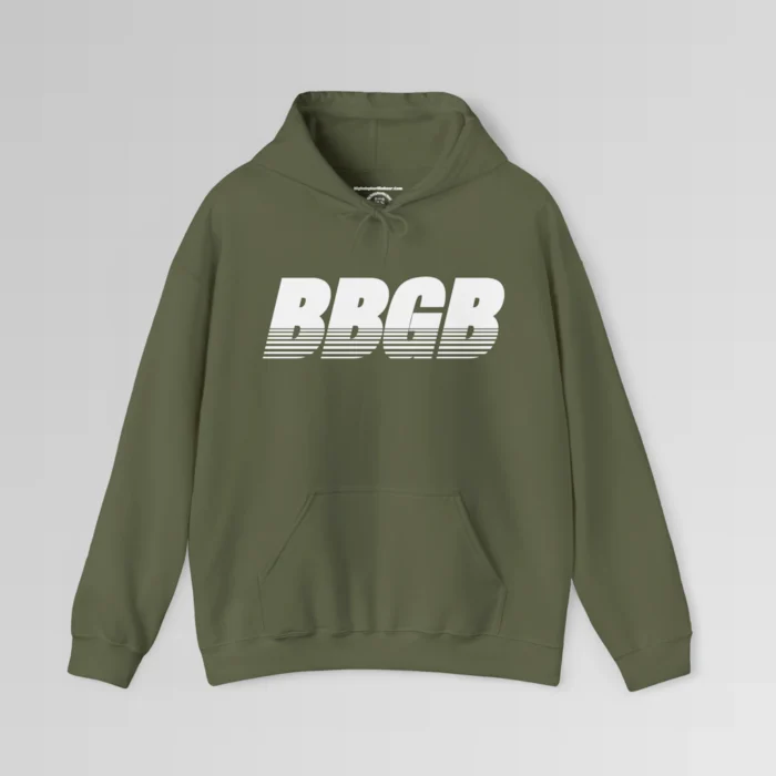 Military Green colored hooded sweatshirt, with hand pockets, and the letters "BBGB" in white font centered across the chest of the hoodie, with 7 transparent lines going through the bottom half of the letters.