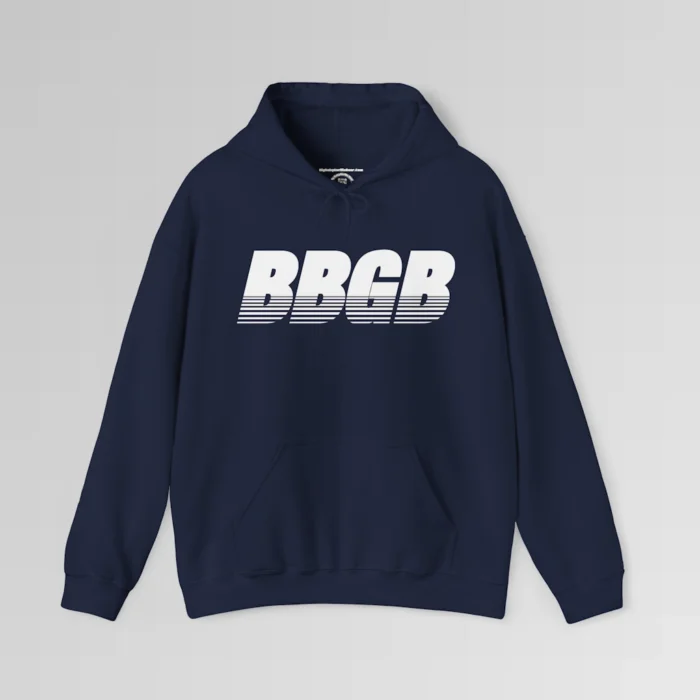 Navy colored hooded sweatshirt, with hand pockets, and the letters "BBGB" in white font centered across the chest of the hoodie, with 7 transparent lines going through the bottom half of the letters.