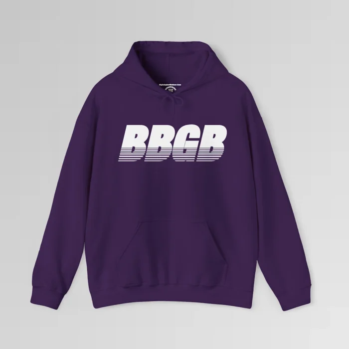 Purple colored hooded sweatshirt, with hand pockets, and the letters "BBGB" in white font centered across the chest of the hoodie, with 7 transparent lines going through the bottom half of the letters.