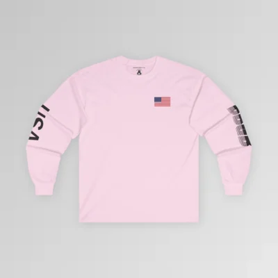 The frontside of the pink colored BBGB USA Full Stack Long Sleeve Tee, with an American Flag on the front left breast section, and the letters "USA" on the right sleeve, and "BBGB" on the left sleeve. The Letters "BBGB" have transparent lines going through the lower portion of the letters.