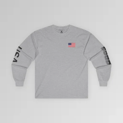 The frontside of the sport grey colored BBGB USA Full Stack Long Sleeve Tee, with an American Flag on the front left breast section, and the letters "USA" on the right sleeve, and "BBGB" on the left sleeve. The Letters "BBGB" have transparent lines going through the lower portion of the letters.