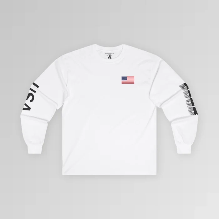 The frontside of the white colored BBGB USA Full Stack Long Sleeve Tee, with an American Flag on the front left breast section, and the letters "USA" on the right sleeve, and "BBGB" on the left sleeve. The Letters "BBGB" have transparent lines going through the lower portion of the letters.