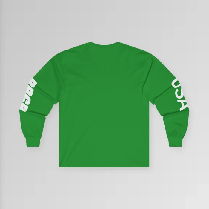 Irish green, long sleeved tee with white font on left and right sleeves. The word "USA" is on the right sleeve, and the letters "BBGB" are on the left sleeve. (Backside of tee).