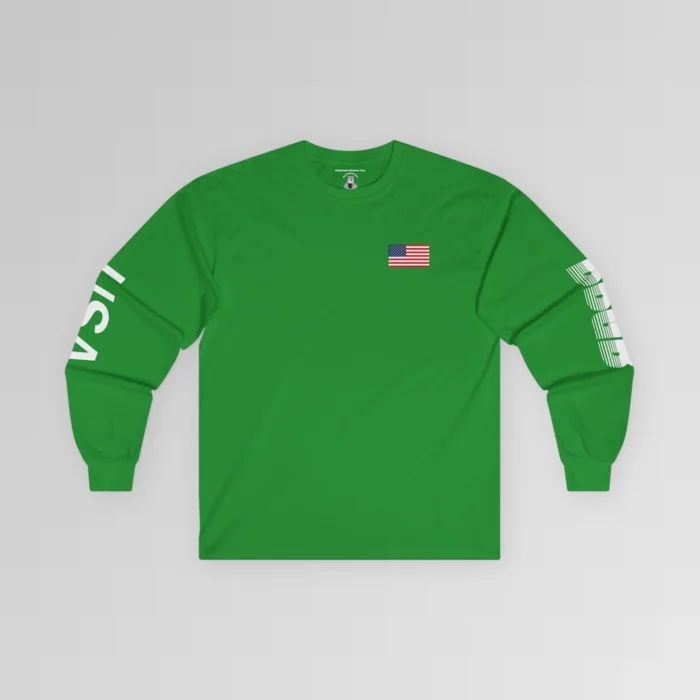 The frontside of the Irish Green BBGB USA Long Sleeve Tee, with an American Flag on the front left breast section, and the letters "USA" on the right sleeve, and "BBGB" on the left sleeve. The Letters "BBGB" have transparent lines going through the lower portion of the letters.