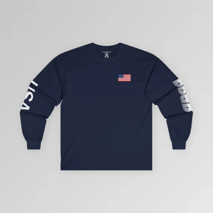 The frontside of the Navy BBGB USA Long Sleeve Tee, with an American Flag on the front left breast section, and the letters "USA" on the right sleeve, and "BBGB" on the left sleeve. The Letters "BBGB" have transparent lines going through the lower portion of the letters.