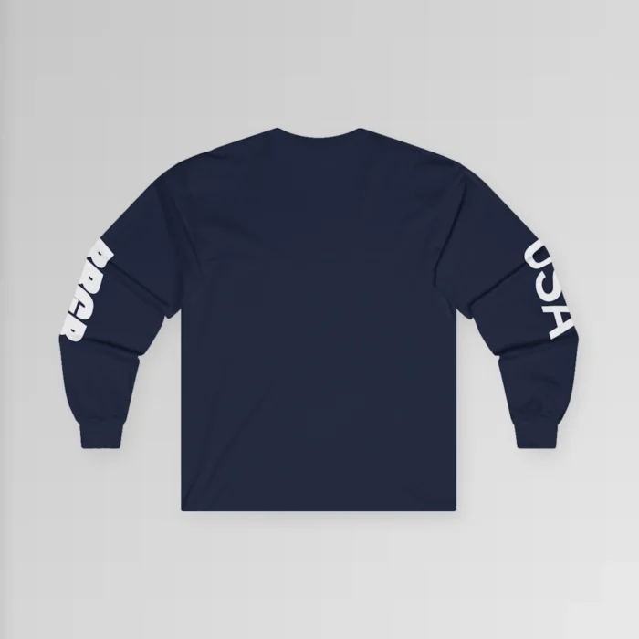 Navy, long sleeved tee with white font on left and right sleeves. The word "USA" is on the right sleeve, and the letters "BBGB" are on the left sleeve. (Backside of tee).