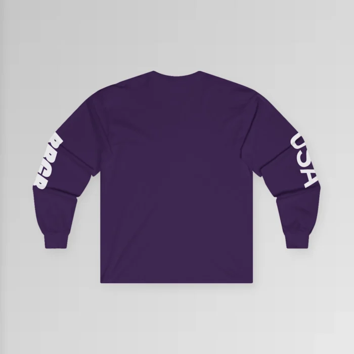 Purple, long sleeved tee with white font on left and right sleeves. The word "USA" is on the right sleeve, and the letters "BBGB" are on the left sleeve. (Backside of tee).