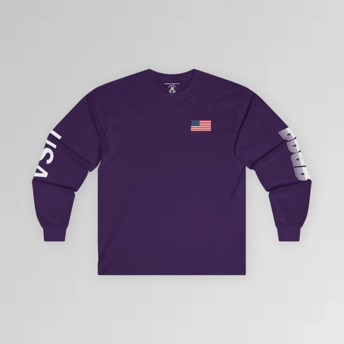 The frontside of the Purple BBGB USA Long Sleeve Tee, with an American Flag on the front left breast section, and the letters "USA" on the right sleeve, and "BBGB" on the left sleeve. The Letters "BBGB" have transparent lines going through the lower portion of the letters.