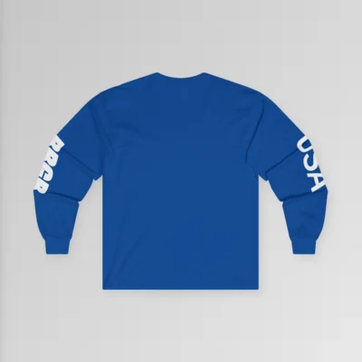 Royal, long sleeved tee with white font on left and right sleeves. The word "USA" is on the right sleeve, and the letters "BBGB" are on the left sleeve. (Backside of tee).